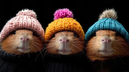 Three guinea pigs in colorful knit hats and sweaters pose against a dark background, AI