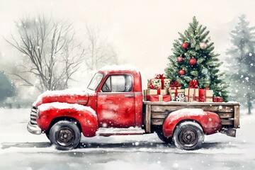 A vintage red truck with tree