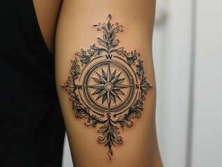 Minimalist Compass Rose Tattoo Outline Design on White Background