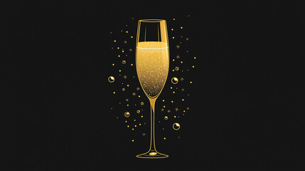Sparkling Champagne Glass Illustration with Bubbles on Black Background