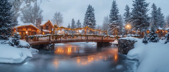 Serene Winter Cabin Scene with Snowy Landscape, Twinkling Lights, and a Charming Wooden Bridge Over a Frozen River in a Tranquil Forest Setting