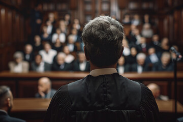 Generative AI Image of young Senior male female Judge in Courtroom Wearing Robes
