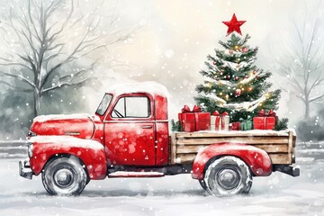 A vintage red truck with tree