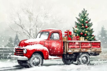 A vintage red truck with tree