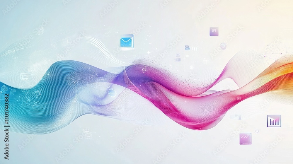 Poster abstract digital design with colorful waves and icons representing communication and data.