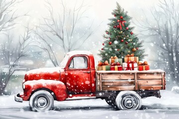 A vintage red truck with tree