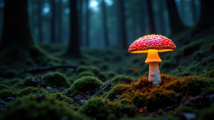 Fototapeta premium A glowing red mushroom in a forest setting at night, with mossy ground and dark trunks in the background.