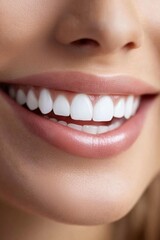 Obraz premium A person displays a dazzling smile with straight, white teeth and naturally pink lips, emphasizing oral health and hygiene in a bright setting