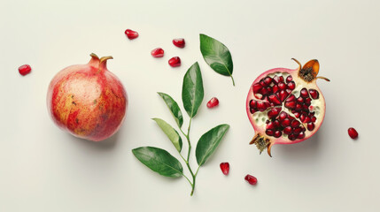 Pomegranates half with leaves Organic Fruits Healthy Eating Fresh Produce isolated white background