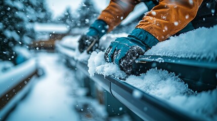 Person clearing snow from house gutters in winter