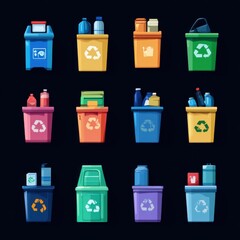 A colorful illustration of various recycling bins, showcasing different types of recyclable materials.