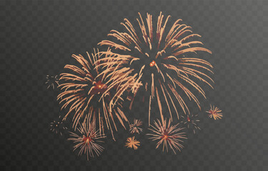 Vector fireworks. Multicolored fireworks on isolated transparent background. Fireworks png. Holiday fireworks. Festive background.