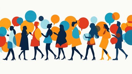 Abstract illustration of diverse people silhouettes with colorful overlapping speech bubbles, representing community and communication.