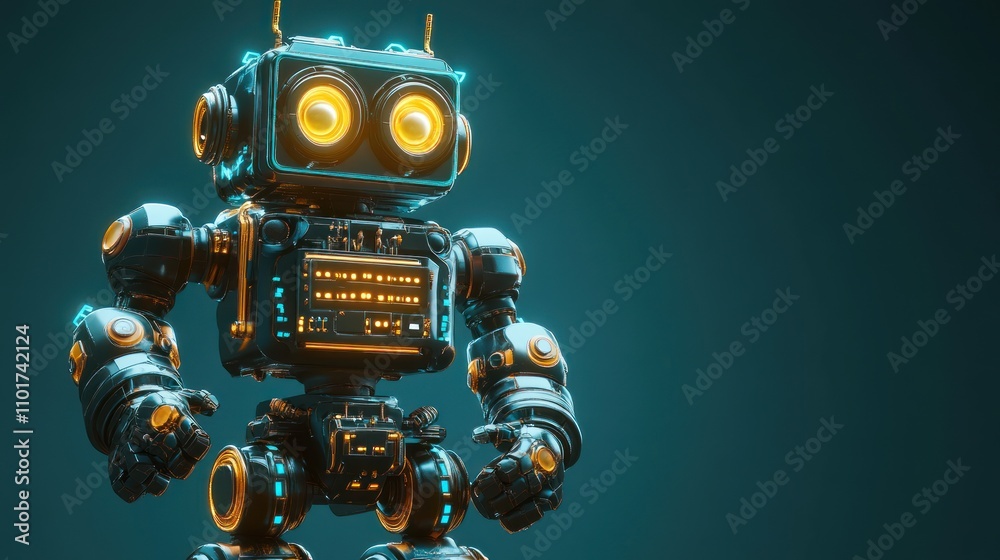 Poster futuristic robot design glowing lights dark background