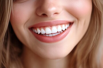 Obraz premium A young woman beams with joy, displaying her perfectly aligned white teeth and a radiant smile. The warm sunlight enhances her natural beauty and cheerful demeanor