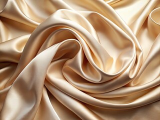 Elegant Smooth Silk Fabric in Creamy Beige Tones - Tilt-Shift Photography for Minimalist Design, Soft Waves, and Folds - Perfect for Sophisticated Interiors and Fashion Textiles
