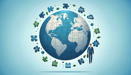 Levitating ESG Puzzle Globe Tracking Shot: Floating Globe of Interconnected ESG Challenges and Solutions