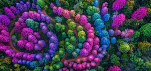 Vibrant aerial view of a colorful forest.  Swirling patterns of rainbow trees create a surreal, whimsical landscape.