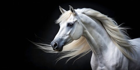 Elegant White Arabian Horse Portrait Isolated on Black Background - Majestic Equine Beauty, Animal Photography, Graceful Horse Features, Ethereal White Coat, Captivating Animal Portraits