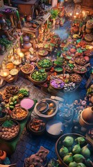 Naklejka premium Vibrant overhead shot of an exotic marketplace overflowing with colorful spices, herbs, and fresh produce. Rich textures and warm lighting create a captivating scene.