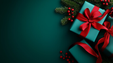 Festive Christmas gift box with red ribbon on a dark green background, flat lay top view, with copy space. New Year's present wrapped in turquoise paper and adorned with holly berries. Ideal for holid