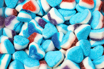 Assorted colorful gummy jelly candies. Top view. Jelly sweets.