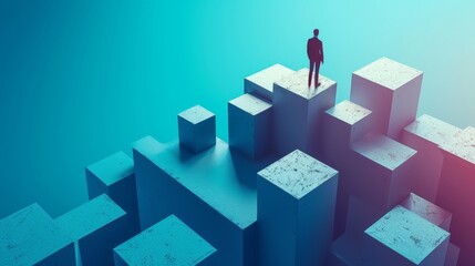 A silhouette of a man stands on top of large geometric blocks in a surreal blue environment. The sharp lines and abstract forms combined with the moody lighting create a futuristic, dreamlike setting