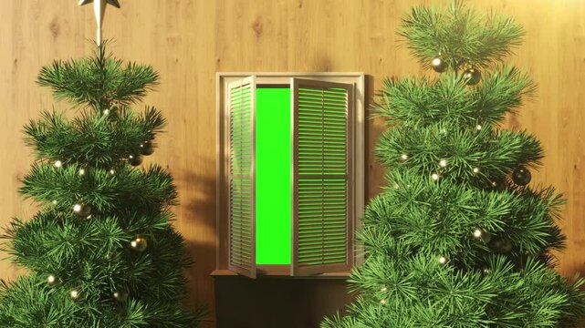 A festive Christmas scene with a decorated Christmas tree . green screen behide window opens to reveal a winter wonderland. 3D animation.