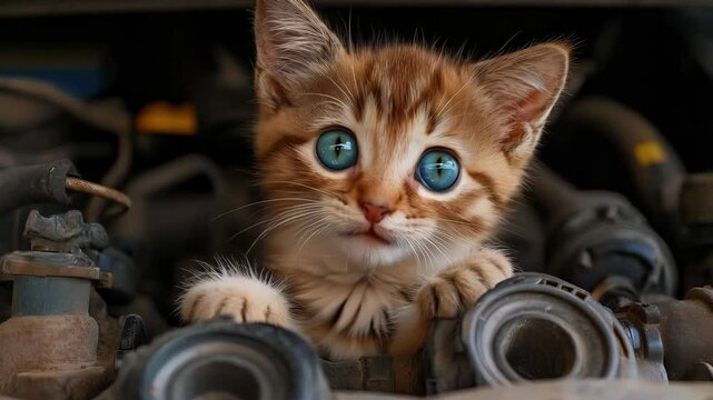 Tiny tabby kitten with striking blue eyes is peering out from inside the dirty engine of a car, trapped inside car engine compartment meowing for help. Concept animals rescue in danger