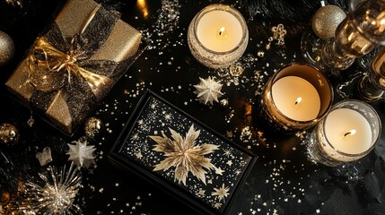 A beautifully crafted gift box for New Year celebrations, paired with candles and sparkling decorations.