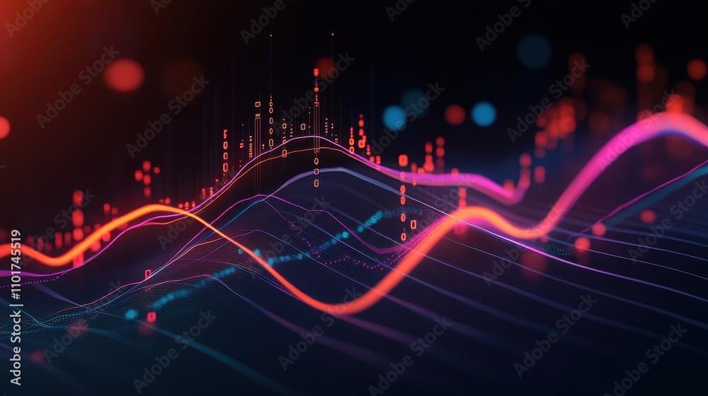 Aufkleber abstract visualization of data trends with colorful waveforms and digital elements.