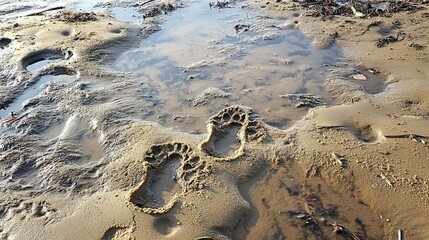 A bird's footprints crossing human ones in damp sand, surrounded by tidal pools.