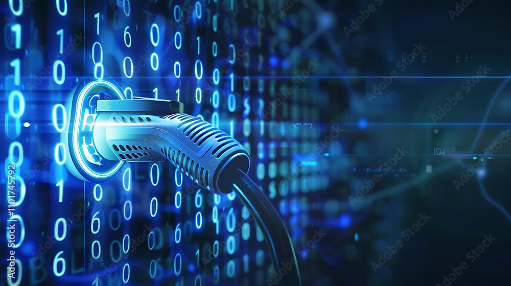 Poster a digital connection represented by a plug and binary code, symbolizing technology and data transfer