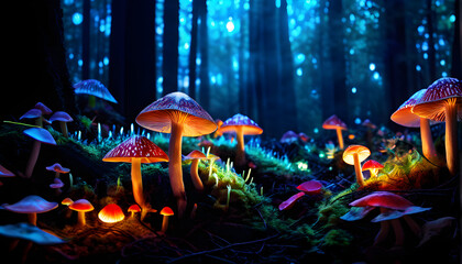 Fototapeta premium A vibrant forest floor covered in colorful mushrooms glowing under bioluminescent light