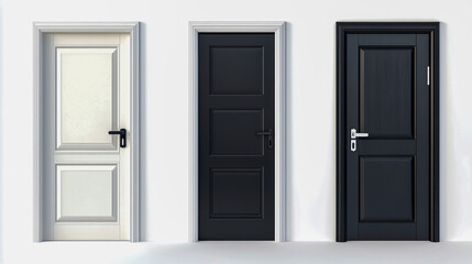Open and closed home door elements isolated on a white background, featuring interior design details, modern home décor, door handle styles, and entryway concepts.