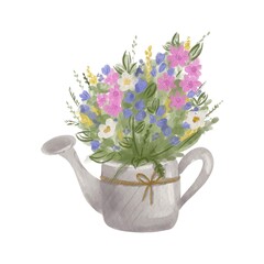 Watercolor wild flowers bouquet in pot. 2 Hand painted illustration isolated on white background , Hello spring . Greeting card birthday , woman day, mom’s day, love, Poster, print design