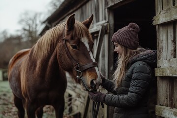 A woman interacts with her horse in a rustic setting. The horse stands close, radiating warmth and trust. This scene captures connection and love for animals. Generative AI.