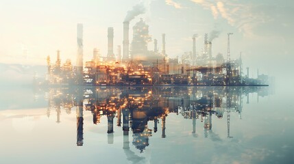 Obraz premium A hazy industrial skyline reflected in water, showcasing factories and smokestacks against a soft sunset backdrop.