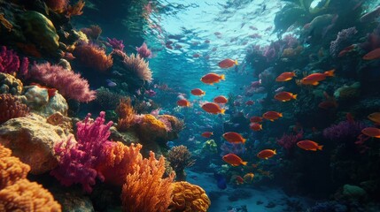 Naklejka premium A breathtaking underwater scene of a school of fish surrounded by coral in vivid colors.