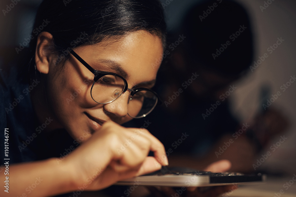 Poster woman, electronics and technician on motherboard at night, repair circuit hardware in workplace. fem