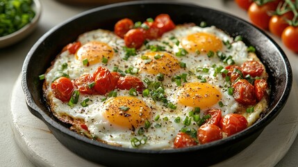 Fried eggs with roasted cherry tomatoes and chives in a cast iron skillet.
