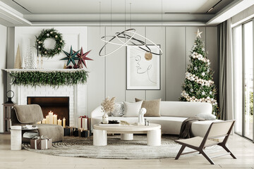 Clean White room with curved sofa and xmas tree, frames and decor