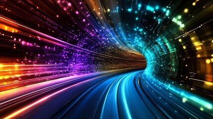 Holographic Digital Interface with Vibrant Light Beams and Colorful Data Visualization