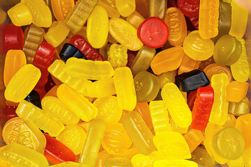 Assorted colorful gummy jelly candies. Top view. Jelly sweets.