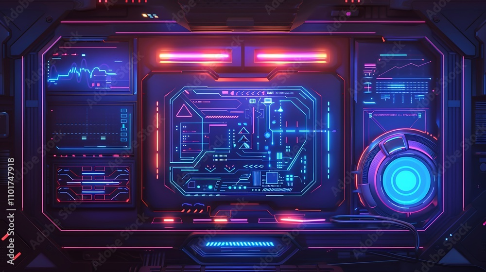 Poster a futuristic digital interface with glowing elements and data displays, suggesting advanced technolo