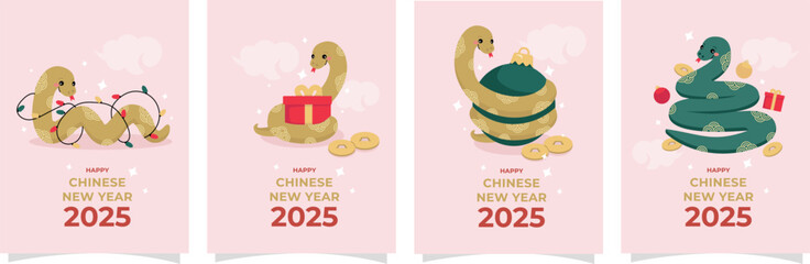 A set of Chinese New Year holiday cards with cute cartoon snakes with ornaments. Vector illustration.