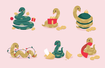 Collection of isolated cute snakes with Chinese New Year elements. Cartoon vector illustration.
