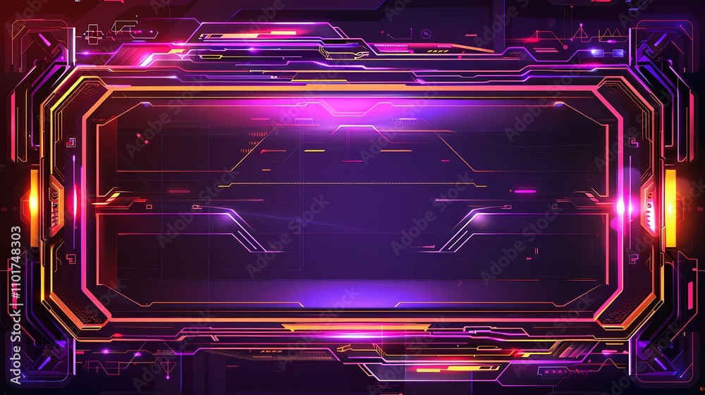 Poster a futuristic digital interface design featuring vibrant colors and intricate patterns, ideal for tec