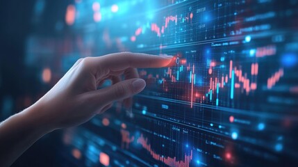 Hand Interacting with Data Visualization on Digital Screen Displaying Graphs