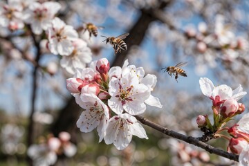Fototapeta premium pink cherry blossoms, joyful mood, bees collecting nectar, lush spring garden